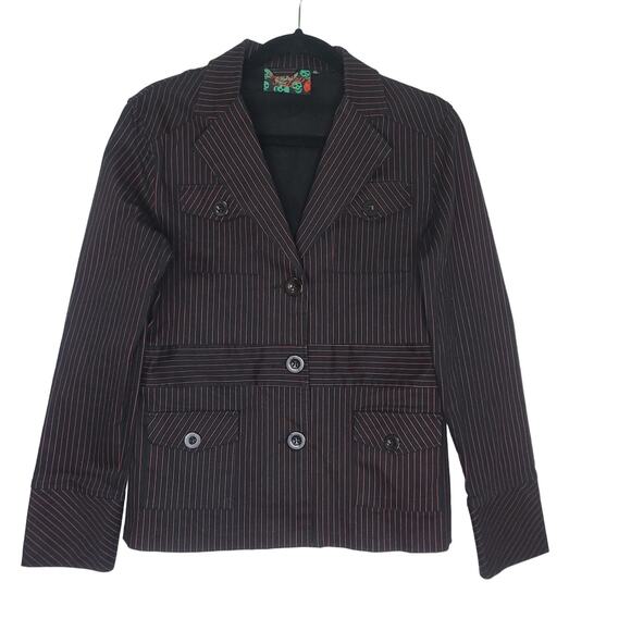 Living Dead‎ Souls Stripe Blazer Jacket Women XL Long Sleeve Black Red Retro - Picture 1 of 10